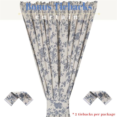 Image of Linen French Door Curtains Set of 2, Elegant Country Style Retro Orchids Front Door Curtain Dual Rod Pocket Tiebacks Included, 54 inch W x 72 inch L