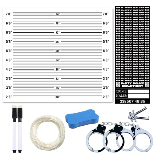 Mugshot Backdrop 4.2X3.6FT 13 Pack Mugshot Signs A Pair of Fake Handcuffs with Polyester Height Charts Crime Scene Jail Photo Props Background with 2 Markers & Dry Erase