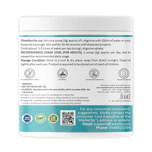 Image of L-Arginine Powder 100g (33 Servings) | Unflavoured | Pure L-Arginine Pre Workout Supplement | Supports Nitric Oxide Production, Muscle Pump, Strength & Recovery | For Men & Women