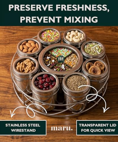 Image of MARU 12IN1 Steel Masala Box /Dani with Wirestand, 8 Small Containers & 1 Big Middle with Partition, Airtight Push & See-Through Lid, Multipurpose Spice, Dry Fruit & Herb Storage Organizer for Kitchen