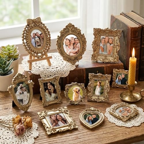 ALONK 10 Stück Mini Bilderrahmen Vintage, Miniatur Mini Frames, Bilderrahmen Set für Fotowand Deko Zuhause Tischdekoration Schmuckdisplay