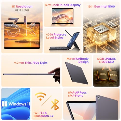 CHUWI 12.96" Windows Tablet with Keyboard, Hi10 Max 2 in 1 Touchscreen Tablet, Intel N100,12GB LPDDR5 512GB SSD, 2880X1920 FHD, Windows 11 Tablet with Keyboard Support WiFi 6,BT 5.2,HDMI,Type C,USB3.2 - Image 3