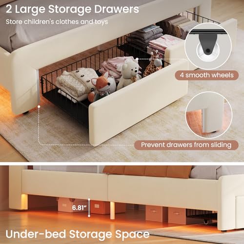 Image of DICTAC Full Size LED Bed Frame with Storage Drawer and Safety Guardrails, Velvet Upholstered Platform Bed for Kids with Chic Wavy Storage Headboard, Charging Station, Heavy Duty Metal Support, Beige