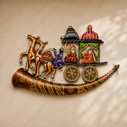 Image of iHandikart Traditional Rajasthani Metal Wall Art for Living Room | Handmade Royal Horse Cart Wall Sculpture with Musical Folk Design| Decorative Hanging Wall Decor for Home, Hall & Bedroom, 24*45 Inch