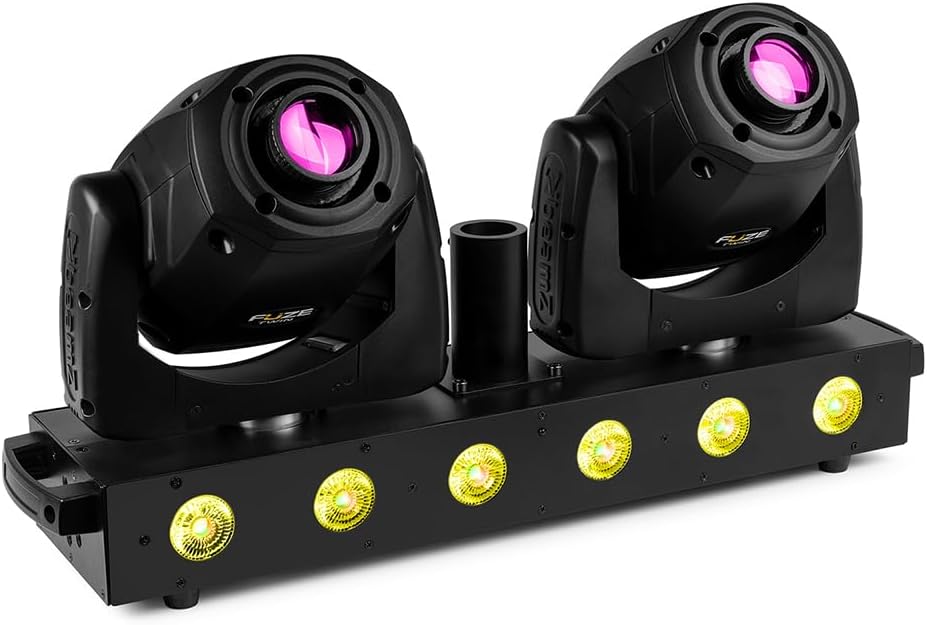 Beamz Fuze Twin Moving Head Spot Light Bar - DJ LED T-Bar with 2X 75W Spots & 6X 15W RGBW LEDs, DMX Control, Sound Activated, Stage Lighting for Events, Stand or Standalone Use