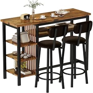 Recaceik Counter Height Dining Set - Bar Table and 2 Upholstered Stools with Storage Shelves, Kitchen Breakfast Nook Pub Set Recaceik Counter Height Dining Set Bar Table and 2 Upholstered Stools with Storage Shelves Kitchen Breakfast Nook Pub Set