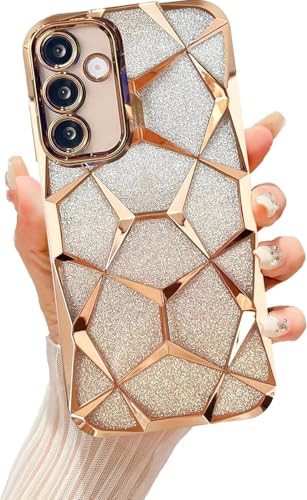 Image of VONZEE Gradient Glitter Case for Samsung M16, Luxury Electroplated 3D Cube, Diamond Bling Shiny Soft TPU Clear Shockproof Women Girls Protective Phone Cover (Gold)