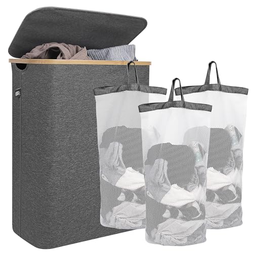 Evohome Laundry Basket 3 Compartments with Lid, 3 section for easy separation, 156L XXL Dirty Washing Bin with removable bags | Triple compartment laundry sorter