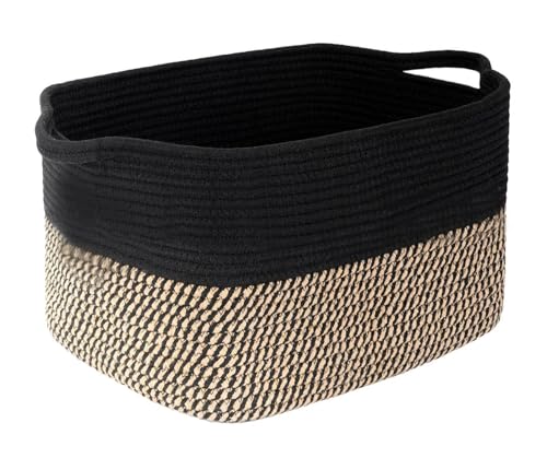 Gzsekken Woven Storage Baskets Rope Storage Baskets Two Tone Cotton Rope Baskets with Handle,Laundry Basket, Organiser Nursery Decor Laundry Hamper, Khaki+Navy (33x25cm)