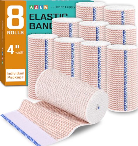 AZEN Premium 8 Pack Elastic Bandage Wrap 4 Inch, Compression Wrap Bandage for Legs, Lymphedema Wraps for Legs, Ankle, Knee, Tummy, Body, Latex-Free