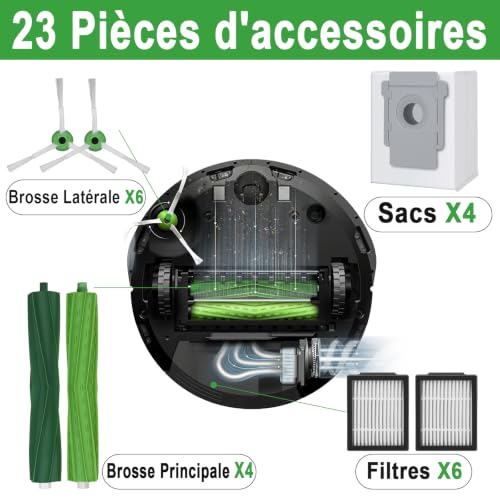 Séries Roomba i E et j Accessoires pour iRobot Roomba i1+ i3+ i4+ i5+ i6+ i7+ Plus i8+ j5+ j6+ j7 j7+ j8+ j9+ E5 E6 E7 Pièces Rechange Brosse Principale 4 Sacs à Poussière 6 Filtres 6 Brosse Latérale – vue 4