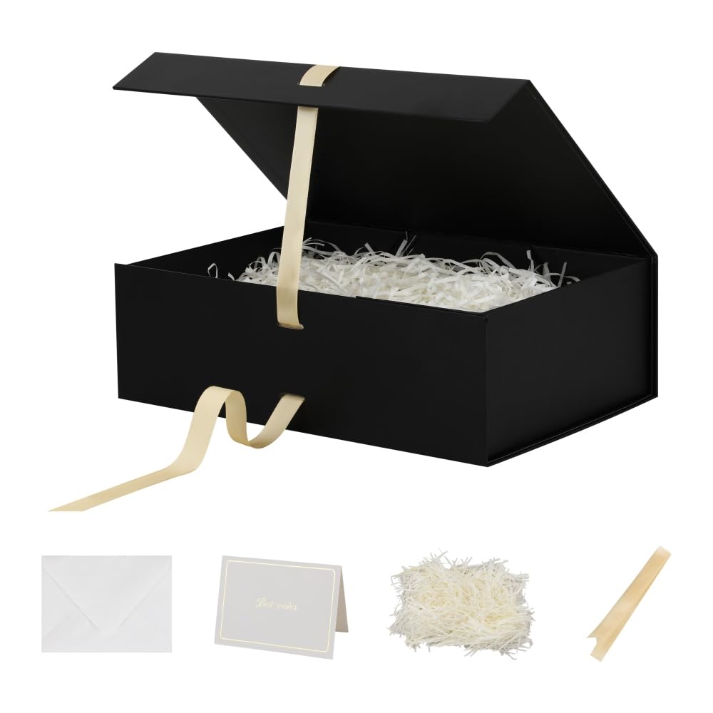 Scatole regalo grandi con coperchio, confezione da 5 pezzi, 33 x 22 x 10 cm, grandi scatole regalo nere con nastro, scatole regalo pieghevoli per regali, festa del papà, scatola per proposte dello