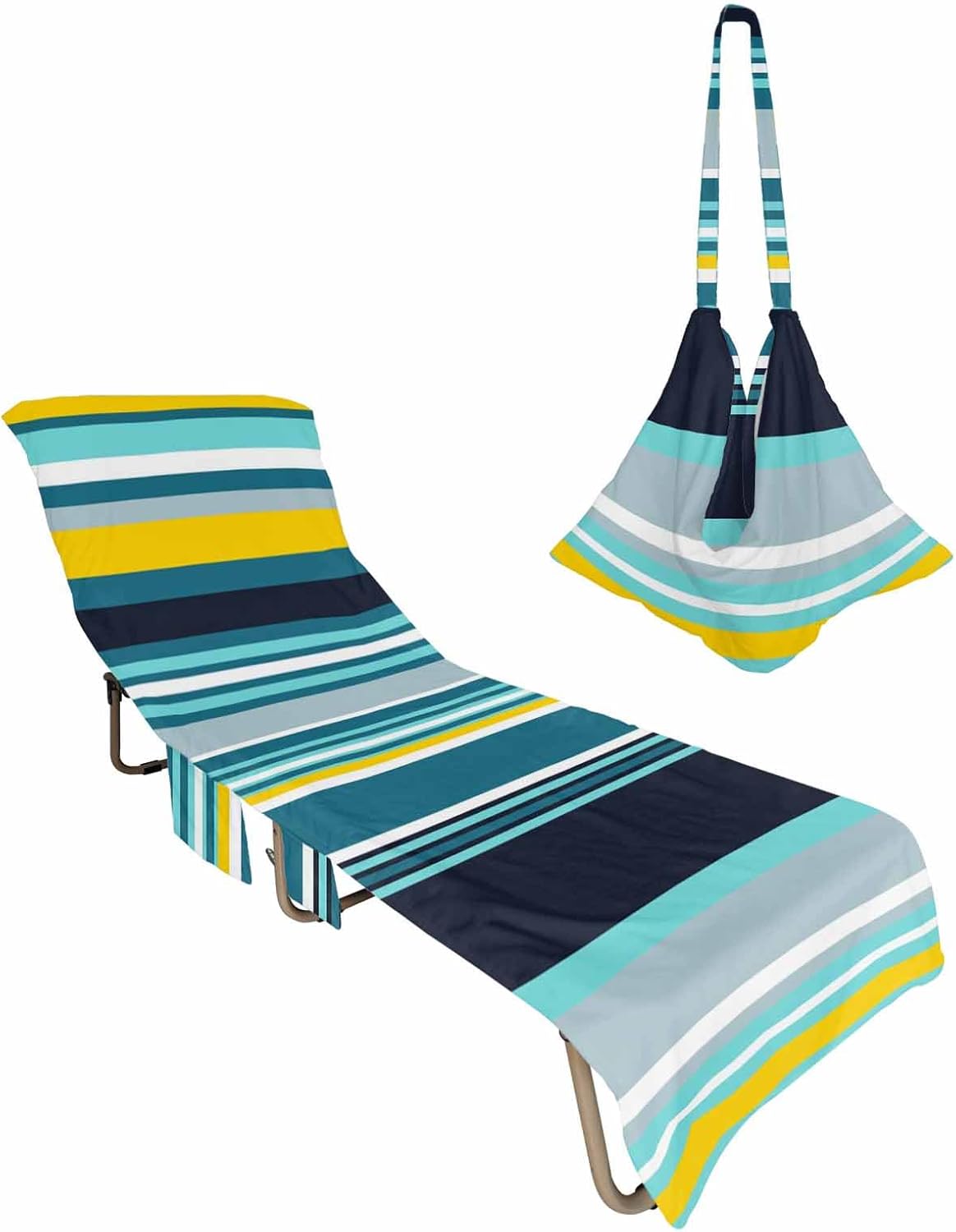 Teal Turquoise Stripes Beach Pool Patio Lounge Chaise Chair Cover Towel With Pockets,Absorbent & Quick Dry Microfiber Towel Cover Bag Summer Accessories Modern Abstract Colorful Vertical Geometric
