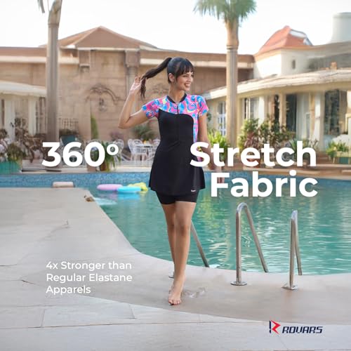 Image of Rovars Spandex One Piece Swimming Costume for Women I Removable Pads I Half Sleeves I Half Length I Front Zipper