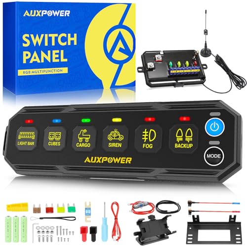 Auxpower 6 Gang Wireless Switch Panel S6W Control Range Up to 328FT Toggle Momentary Pulsed SOS RGB Switch Panel Auxiliary Portable Remote Panel Automotive Slim Switch Panel for Pickup Truck Boat UTV