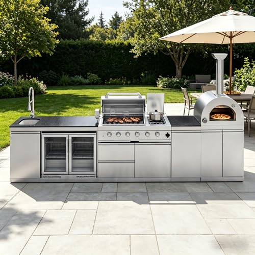 150-inch Stainless Steel Outdoor Kitchen Island,Propane BBQ Grill with Pizza Oven,Rotisserie,Double Door Refrigerator,Granite Countertop,Storage Cabinets & Drawers 108,000 BTU.