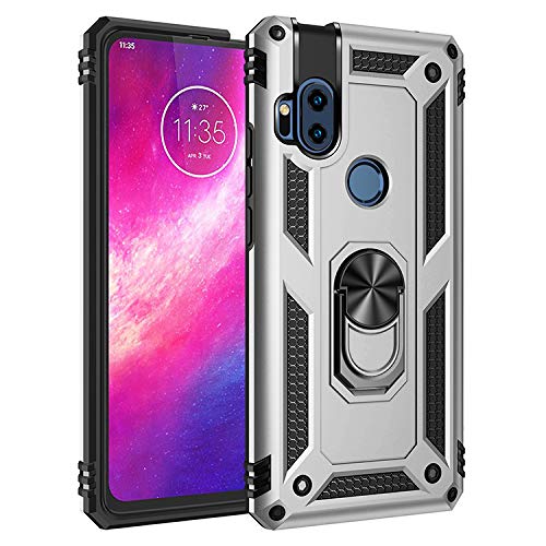 BestST Funda para Motorola Moto One Hyper,+ HD Protector de Pantalla,Elegante Armadura híbrida Robusta Funda de Doble Capa de Alta Resistencia para PC Duro Caso con Anillo Grip Kickstand,Plata