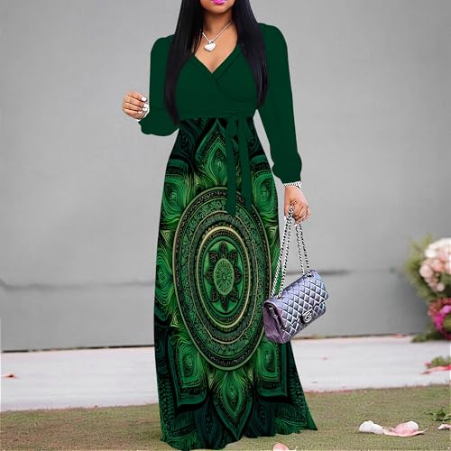 Image of Women's Plus Size Maxi Dresses Long Sleeves V Neck Floral Print Bohemian Swing Long Dress with Belt