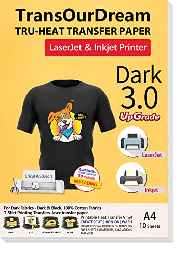TransOurDream Iron on Heat Transfer Paper for Dark T Shirts (10 Sheets A4, Dark 3.0) Printable HTV Heat Transfer Vinyl for Inkjet & LaserJet Printer Iron On transfers for T Shirts (TRANS-D3-10)
