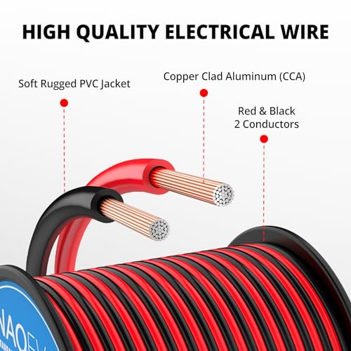 NAOEVO 12 Gauge Wire 100FT, 2 Conductors Electrical Wire Red Black Cable, Flexible/Low Voltage/PVC 12 AWG Copper Clad Aluminum Extension Cord for Speaker, LED Strips, Automotive 12V/24V DC