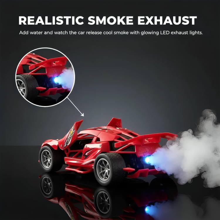 Image of Umadiya Storm RC Racing Car for Kids with 27MHz Remote, Smoke Effect, LED Headlights, Metal Look Body, Opening Doors, Rechargeable Battery, Type-C Charging High Speed Toy Car (Red)