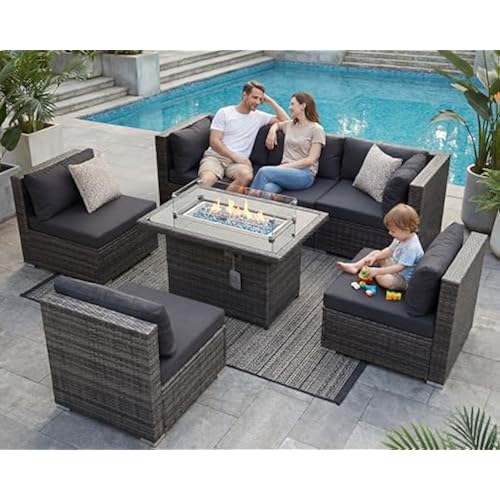 NICESOUL Extra Large Rattan Patio Furniture Set with Gas/Propane Fire Pit Table, 29.3'' High Back Comfy Outdoor Sofa Conversations, 7 Piece Moden Deep Wide Seated Sectional Couch for Backyard, Gray