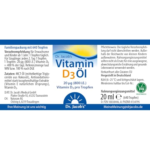 Dr Jacob's Vitamin D3 Öl Tropfen 800 IE I ideal dosierbar für die ganze Familie auch Kleinkinder I für Immunsystem, Muskeln und Knochen¹ I Apotheken-Qualität I hohe Bioverfügbarkeit 20 ml 640 Tropfen