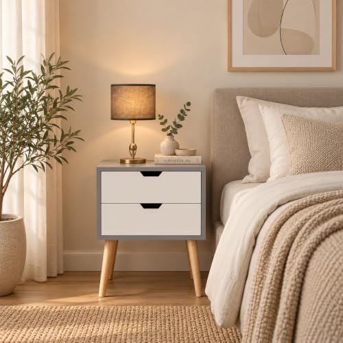 Image of Brown Art SHOPPEE 2-Drawer End Side Table with Drawer and Solid Wood Legs, Bedside Table for Bedrooms, Mid-Century Modern Drawer Storage Cabinet for Bedroom & Furniture (Grey & White)