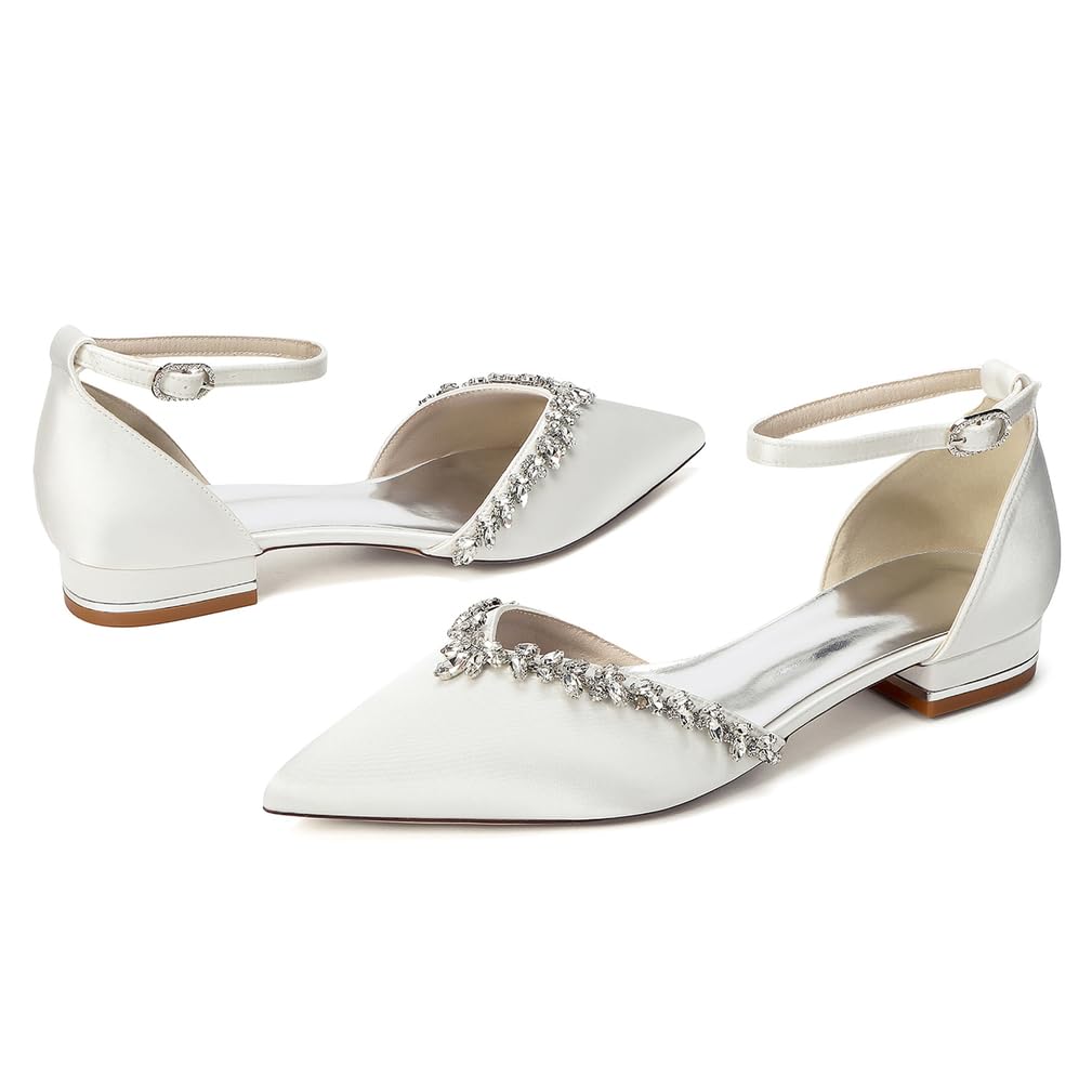 Zapatos de Boda para Mujer con Pedrería Tacón Bajo Punta Estrecha Zapatos de Novia de Satén Marfil con Correa al Tobillo Bailarinas de Fiesta Cómodos