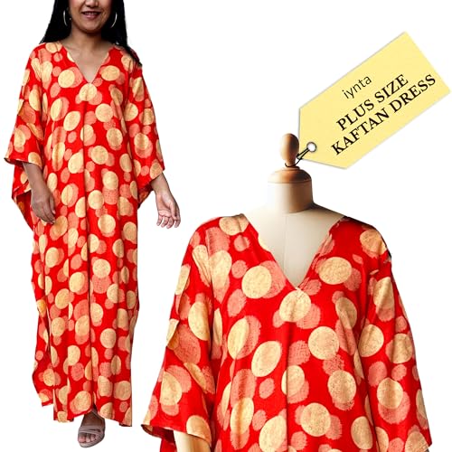 iynta Plus Size Kaftan Dresses for Women, Handmade Caftans for Women - Silk-Screened Oversized Dress, Beach Swimsuit Coverup, Maxi Dress, & Sundress for Vacation, Night Out - 50 in., Orange w/pattern3