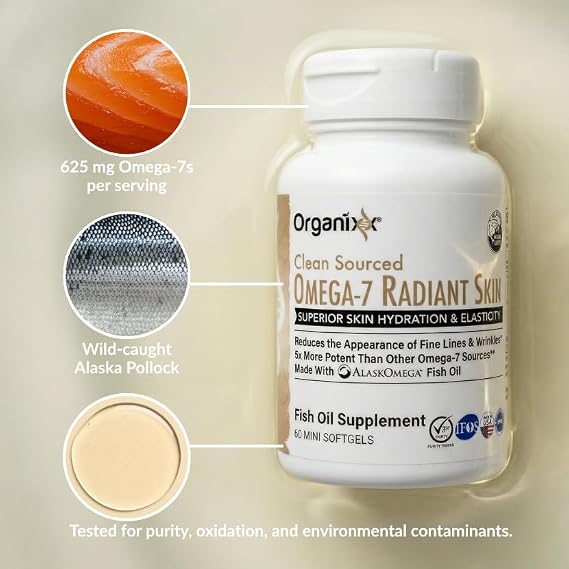 Organixx Clean Sourced Omega 7 Radiant Skin, Supplement for Men & Women, Fish Oil Softgels, Wild Caught Marine Omega 7 for Skin Hydration & Nail Care Support, Gluten Free, Non GMO, 60 Softgels