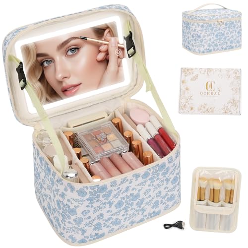 OCHEAL Large Makeup Bag With LED Mirror, Lightweight Travel Makeup Bag With 3 Color Setting Light Up Mirror Cosmetic Makeup Organizer Vanity Case for Women Beauty Tools Accessories Train Case-Floral
