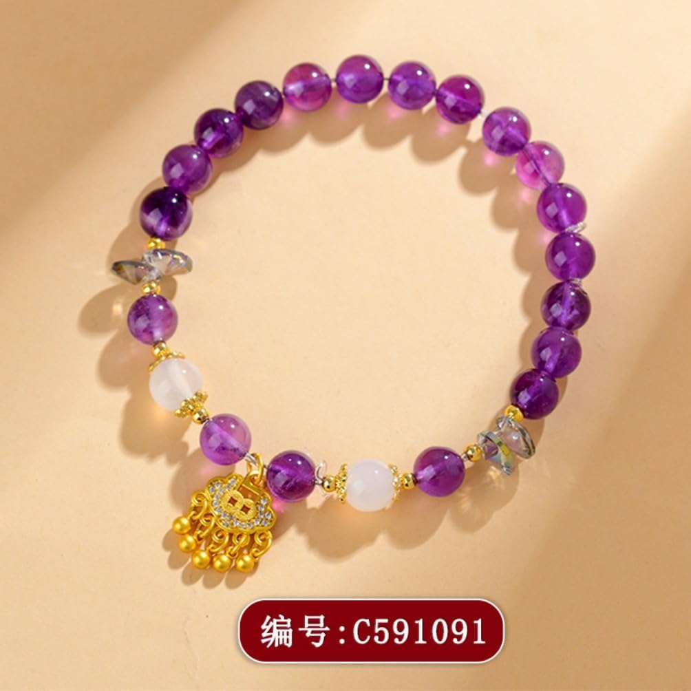 DorkTees (C591紫水晶如意锁手链) 天然梦幻紫水晶如意锁 Fengshui Jade Bracelet Lucky Charm 手链浪漫时尚新中式民族风格女原创手串