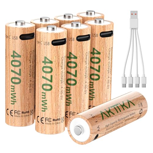 AKTTKA Lot de 8 Piles AA Rechargeables 4070 mWh 1,5 V Lithium avec Câble de Charge Rapide USB-C 1-vers-4, idéal pour Manettes de Jeu, Serrures Connectées, Souris et Claviers sans Fil, Thermomètre