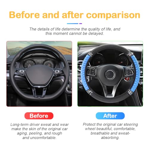 Image of Osilly Bling Car Steering Wheel Cover, 15 Inch Rhinestones Soft Leather Elastic Steering Wheel Protector, Sparkly Crystal Diamond for Women Girls, Car Interior Accessories for Most Cars (Blue)