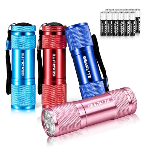 Image of GEARLITE Small LED Torch, 4 Pack Small Torches LED Super Bright with 9 LEDs | Multicolor Mini Pocket Torch for Kids Adult Camping Hiking Outdoor, Gifts for Kids, 12 AAA Batteries Pre-Installed