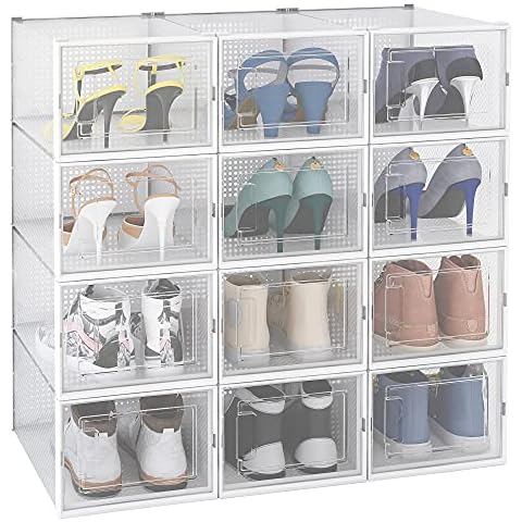 linovum Stackable Shoe Boxes Transparent Set of 12 for Shoes up to Size 49 - Modular Shoe Organiser with Door and Ventilation Cover