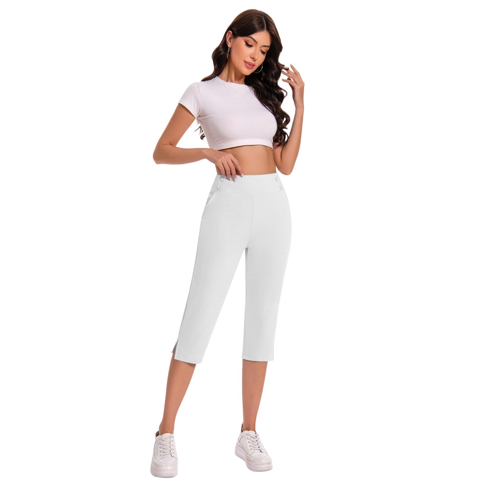 Caprihose Damen Yogahose 3/4-Hosen mit Taschen Bauchkontrolle Workout Arbeitshose Jogginghose Sporthose Frauen Baumwolle Sweatpants Slim Fit Freizeithose Trainingshose