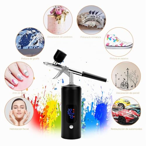 Miniatura 6 de Brisunshine Kit Aerógrafo Inalámbrico 38psi Ajustable Con Compresor, Recargable, Pantalla Lcd, Manguera Extensión, Ideal Para Peinado, Nail Art, Decoración Pasteles, Maquillaje