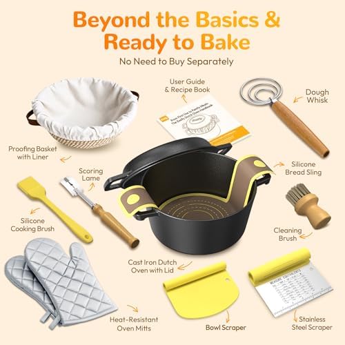 Cast Iron Dutch Oven for Bread Baking - Sourdough Starter Kit with Dutch Oven, Mitts, Banneton, Bread Sling & Baking Supplies, 5.46QT Pot with Lid for Sourdough Bread Baking, Frying, Braising & Camping - Thumbnail 3