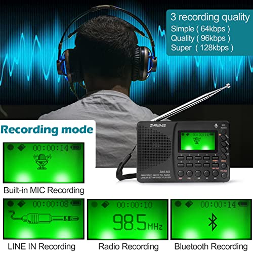 ZHIWHIS Portable Bluetooth Radio, FM AM Shortwave Radios with Sleep Timer and Preset Function, Rechargeable Digital Recorder, Stereo MP3 Player with Lyric Display, Support Micro SD Card and AUX by ZHIWHIS - Image 5