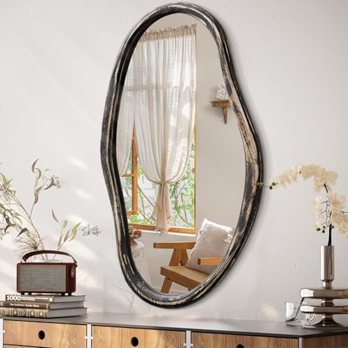 JJUUYOU Espejo de pared asimétrico, espejos irregulares para pared, marco de madera moderno, espejo colgante de tocador, espejos decorativos para sala de estar, baño, dormitorio, entrada, grande, 75 x