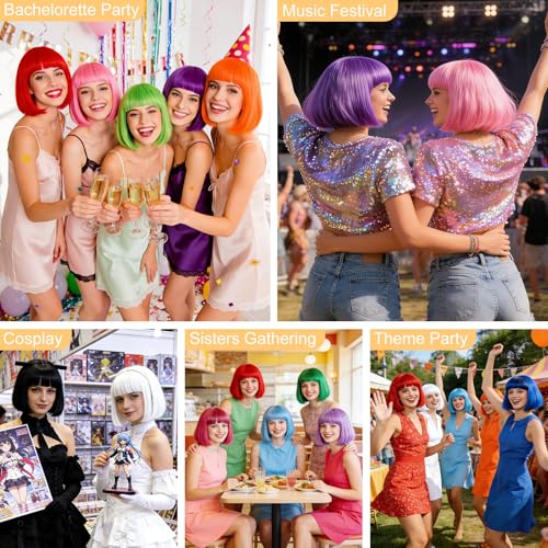 Image of MEEZY 2 Pcs Neon Bob Wigs with Bangs Black Blonde for Women, Colorful Fun Wig Short Bob Hair with Heart Sunglasses Hair Cap for Halloween Costume Cosplay Photography Birthday Bachelorette Party