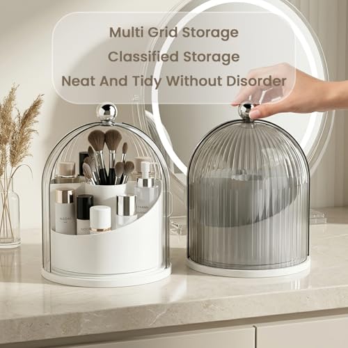 Image of MAYCREATE Rotating Make Up Organiser, Makeup Brush Organiser Holder Cosmetic Makeup Organizer Stand with Clear Dustproof Cover, Multi Compartments Bathroom Vanity Storage Case