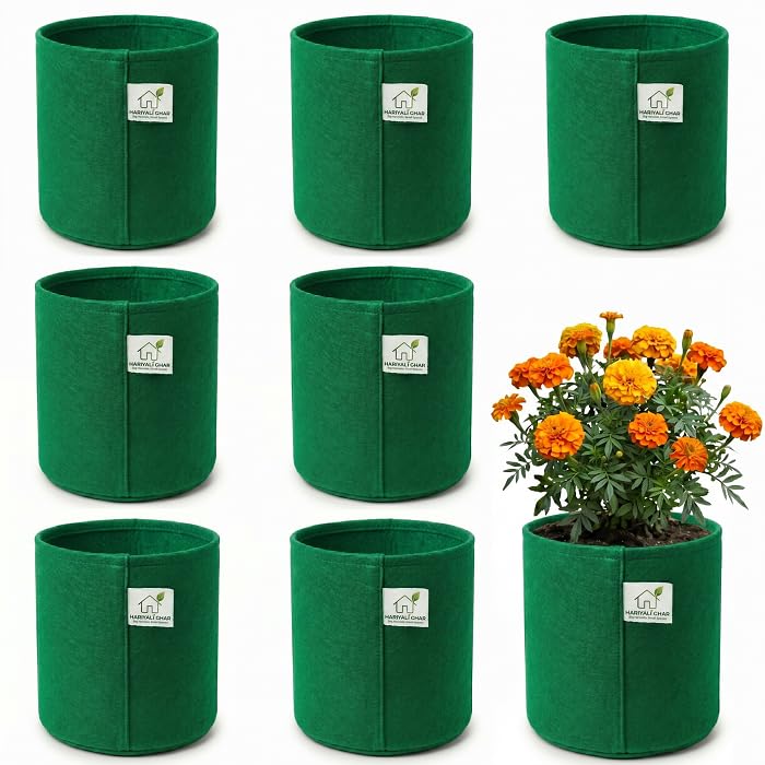Image of 400 GSM Geo Fabric Round Grow Bags 6x6 Inch, Green Planting Bags for Terrace and Kitchen Gardening Pack of 8