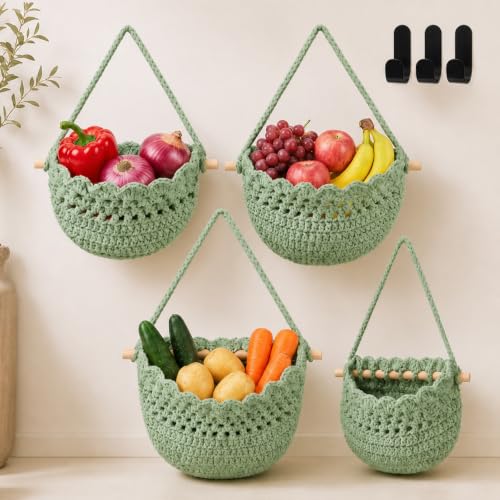 Image of Honeydak 3 Hanging Baskets, Sage Green, Lace, Cotton Rope