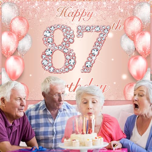 Image of Happy 87th Birthday Rose Gold Banner Cheers to 87 Years Old Backdrop Confetti Balloons Theme Decor for Women 87 Years Old Pink Birthday Party Decorations Bday Supplies Background Favors Gift Glitter