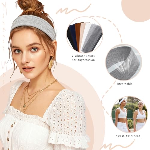 Headbands for Women 7 Pack, Wide Elastic Hair Bands for Sports Running Yoga, Stretchy Fabric Hairbands Soft Sweatbands (7 Vibrant Colours) – vue 3