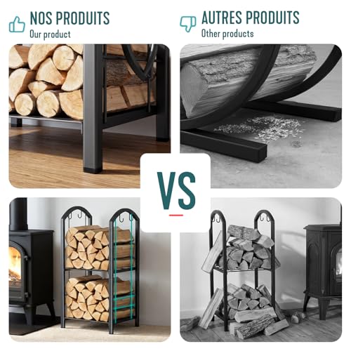 VOUNOT Kaminholzregal 5- teiliges Set mit 4 Kaminwerkzeug, Metall Brennholzregal für Kamin & Ofen, 2 Ebenen Feuerholzregal für Innen & Außen, Schwarz, 38 x 33 x 75 cm-6