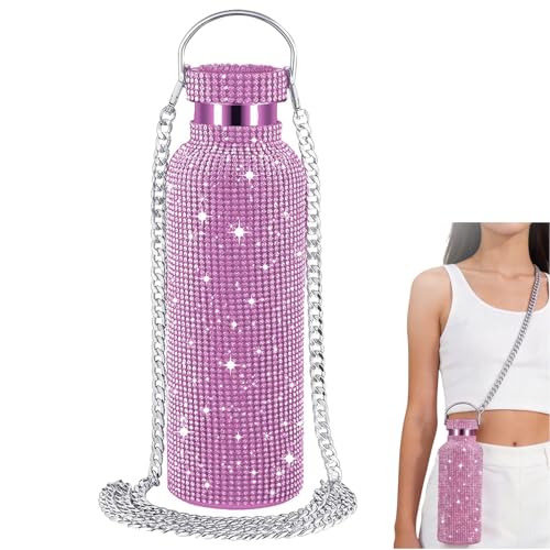 GIONAR Diamant-Wasserflasche, 750 ml, Bling Trinkflasche aus Edelstahl, Wasserflasche mit Diamant und Kette, Thermo-Wasserflasche, bleiben Sie mit Stil hydratisiert für Camping, Party, Rosa